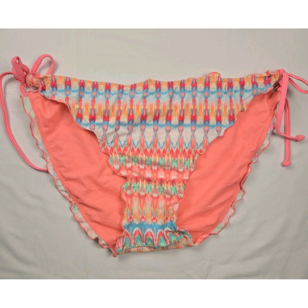 Multicolor Smocked Ruffle Bikini Bottoms Pink Coral Tieโ Sides Swimwear